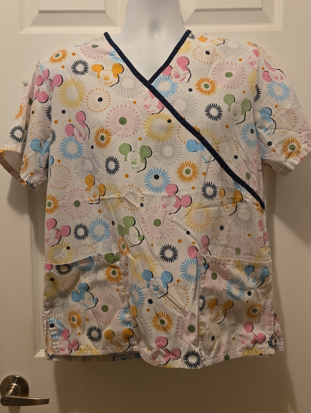 Disney White Scrub Top with Multicolor Mickey Print Medium